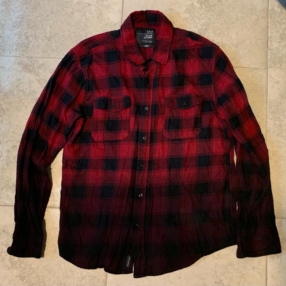 Blue Crown Mens Flannel Plaid Button Up Shirt Red Black Ombré Size Large